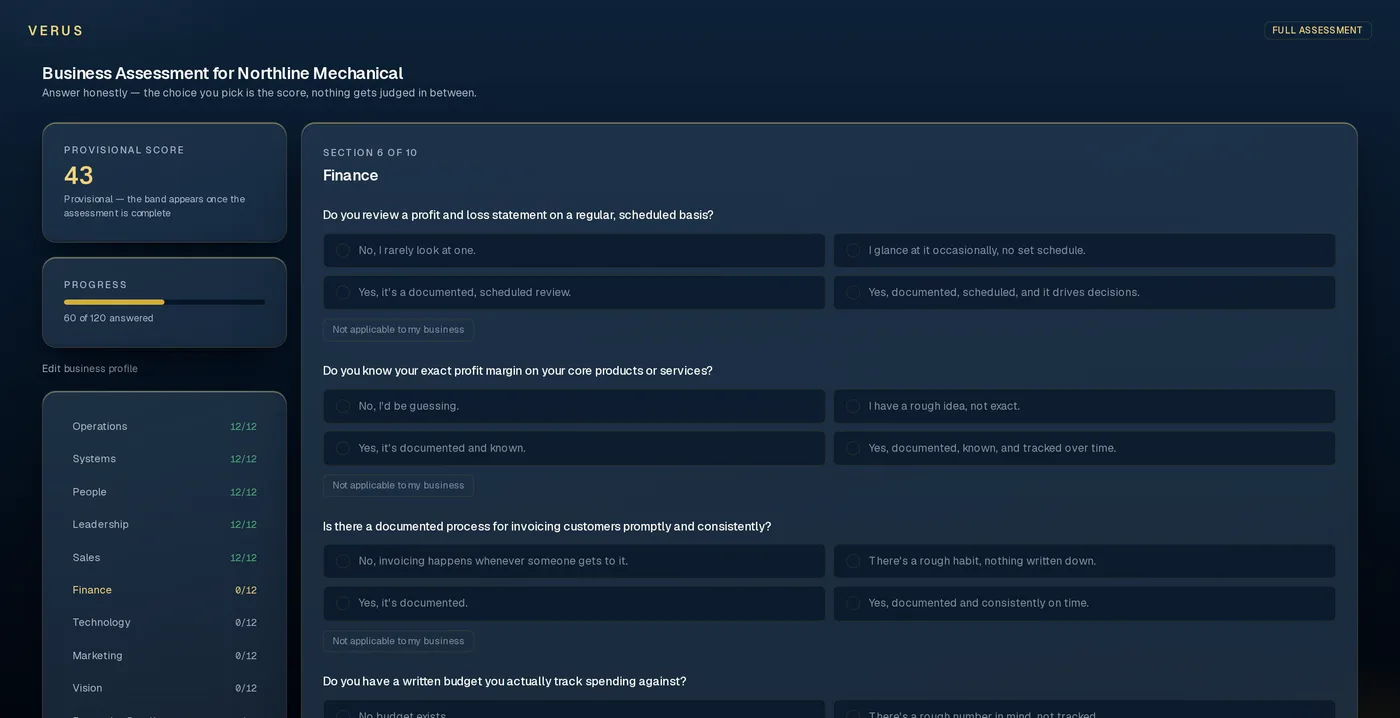 The VERUS assessment runner mid-question, showing answer choices and a live provisional score